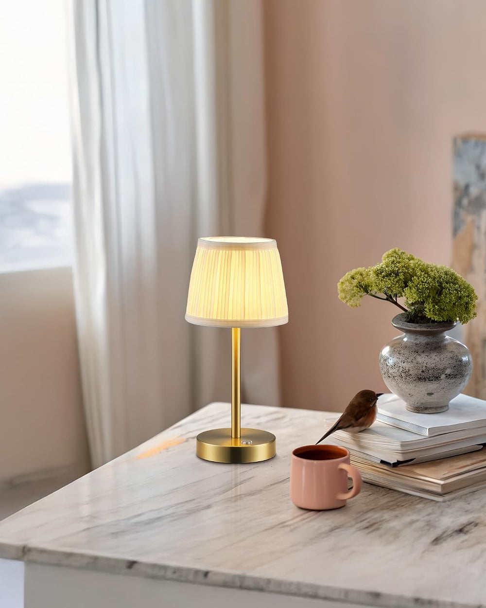 PUSU 2 Pack Cordless Gold Table Lamps, Fabric Shade Bedside Small Lamp