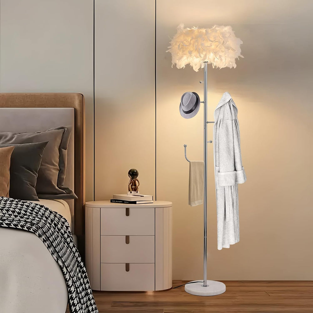 Feather Floor Lamp with Coat Rack - Modern Metal Hall Tree with 5 Hooks for L...