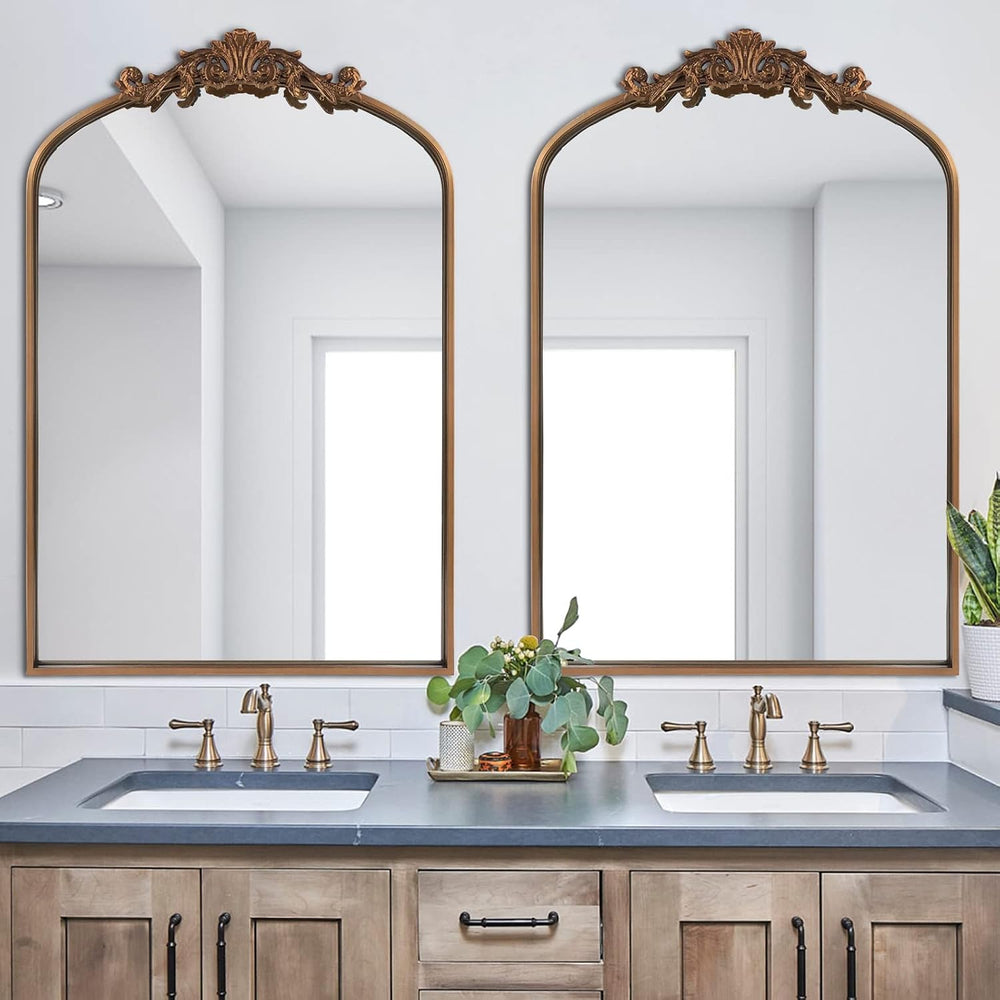 HQiJun Antique Gold Arched Baroque Mirror 24x36 - Brass Finish Metal Frame, I...