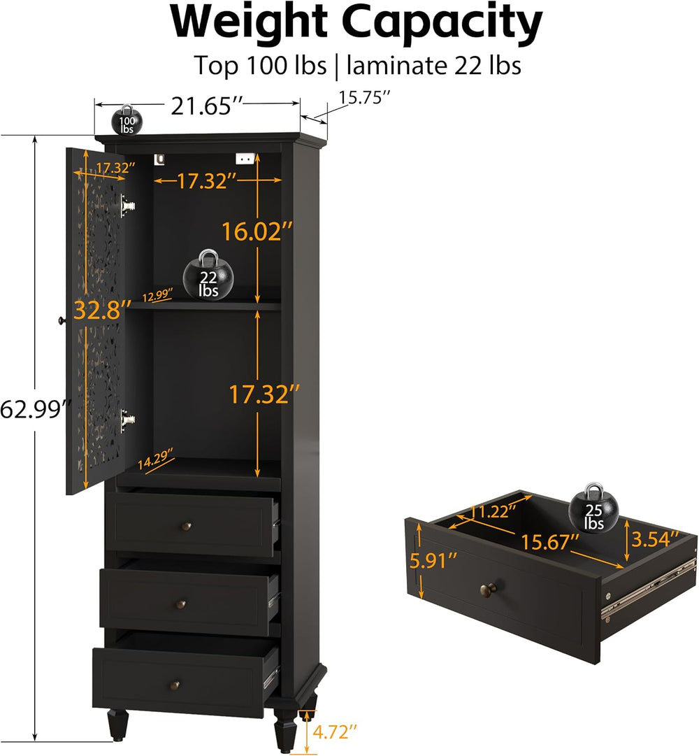 Accent Cabinet with Doors, 63" Tall Vintage Storage Cabinet Black