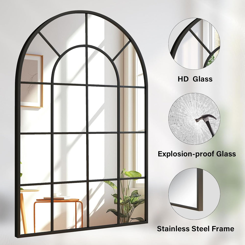 30"x 40" Windowpane Arched Wall Mirror with Metal Frame, Black