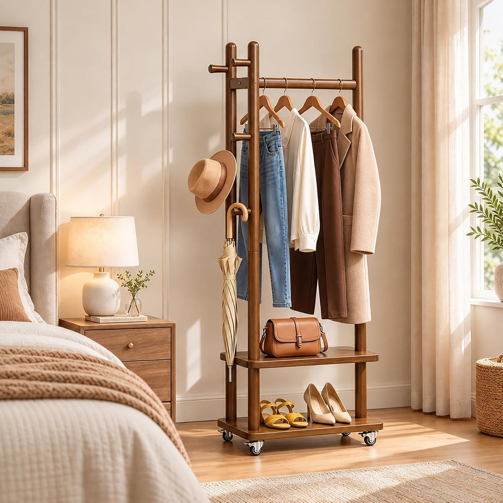 Taitiy Coat Rack Solid Wood Stand Storage 2 Shelves 5 Hooks Entryway