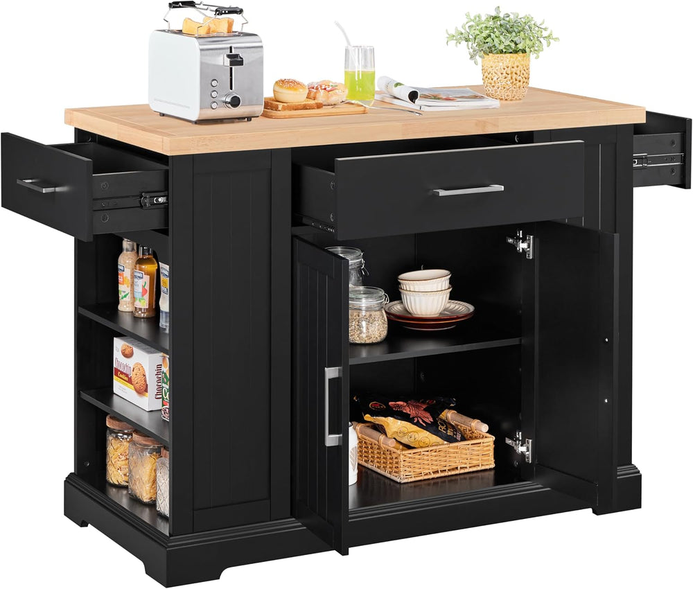 Yaheetech Rolling Kitchen Island Cart with 3 Drawers & Open Shelves, Black