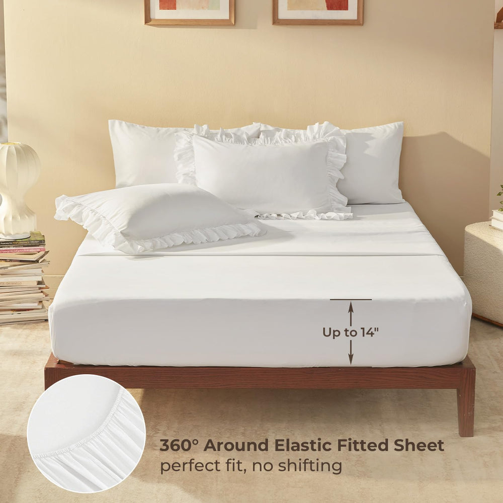 Litanika King Size Comforter Set, 7 Pcs White Ruffle Bed in a Bag
