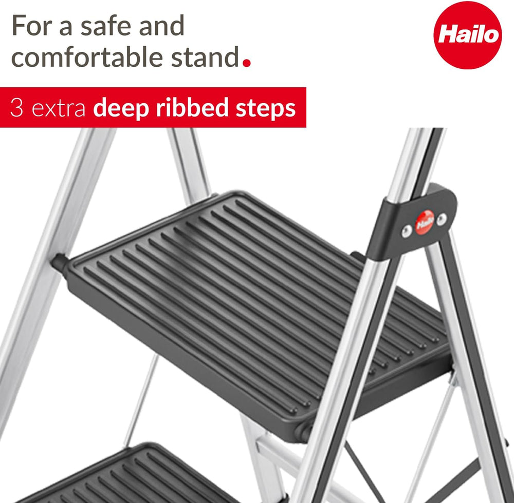 K71 Step Stool Black/Silver– 3-Step Folding Ladder with Aluminum Frame