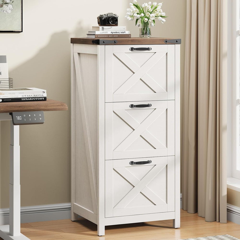 Vabches Farmhouse 3 Drawers Tall File Cabinet for Home Office, Rustic White