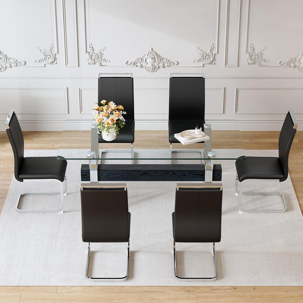 71" Glass Dining Table Set for 6｜Modern Dining Table Set for 6 with Faux...