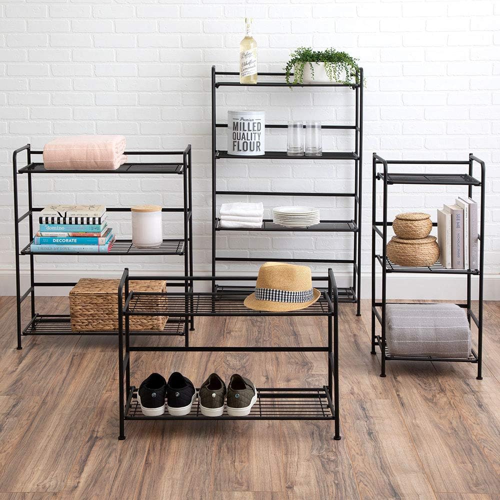folding metal bookcase, 3 shelves, wide, black on a desk or shelf