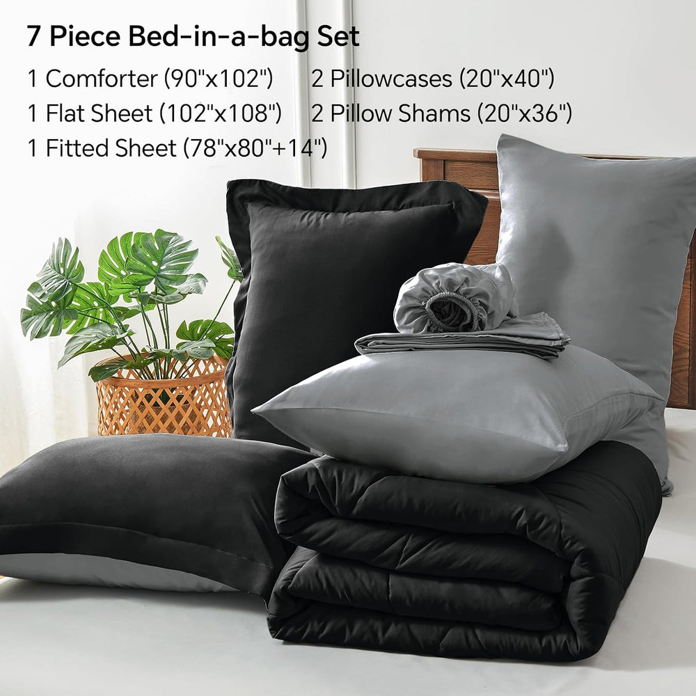 BEDELITE King Comforter Set 7 Pieces, Reversible Black Bed in A Bag