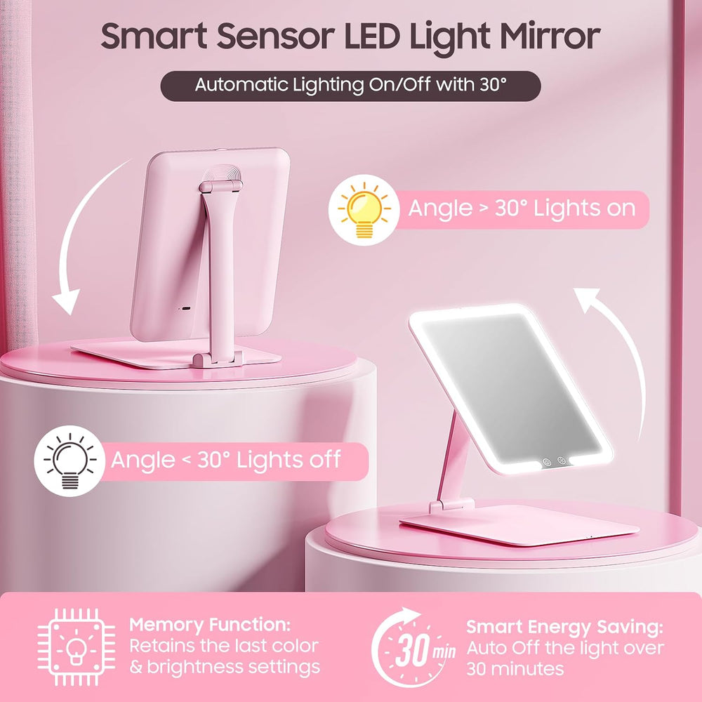 Benbilry Foldable Travel Makeup Mirror with Lights, 20X Magnification, Pink