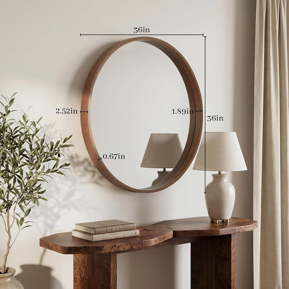 WallBeyond 36 Inch Round Wood Mirror, Large Circle Wooden Frame Wall Mirror f...