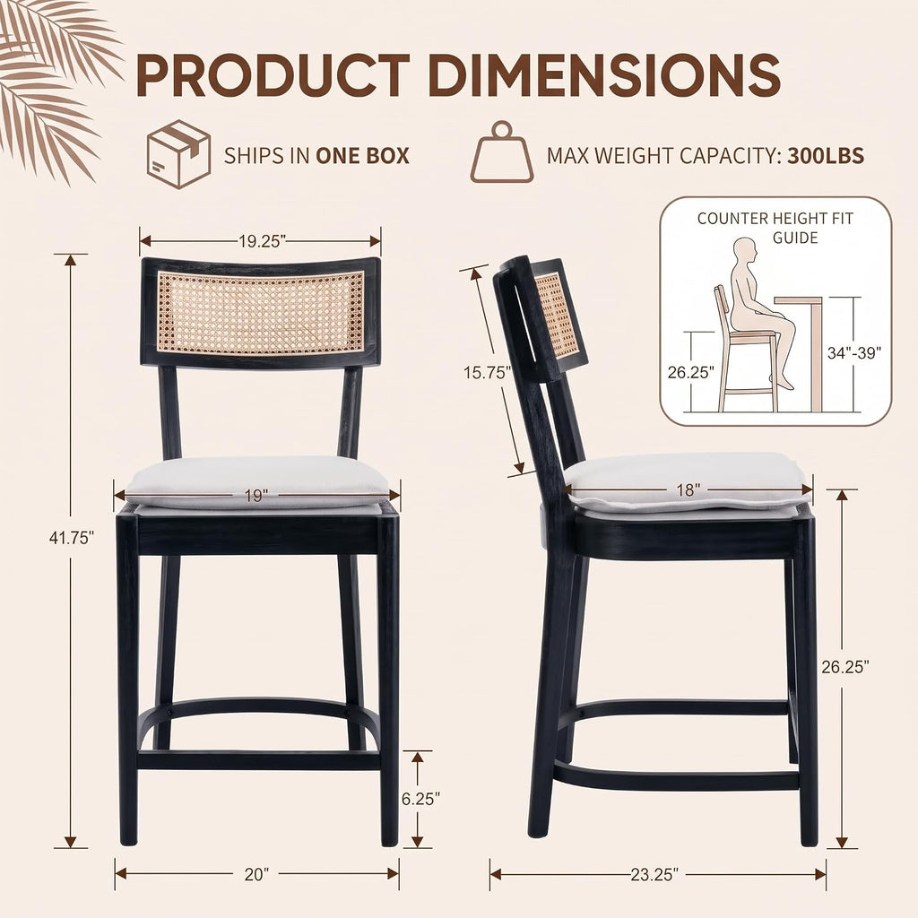 Rattan Counter Height Bar Stools Set of 2, 26" Wooden Bar Stools