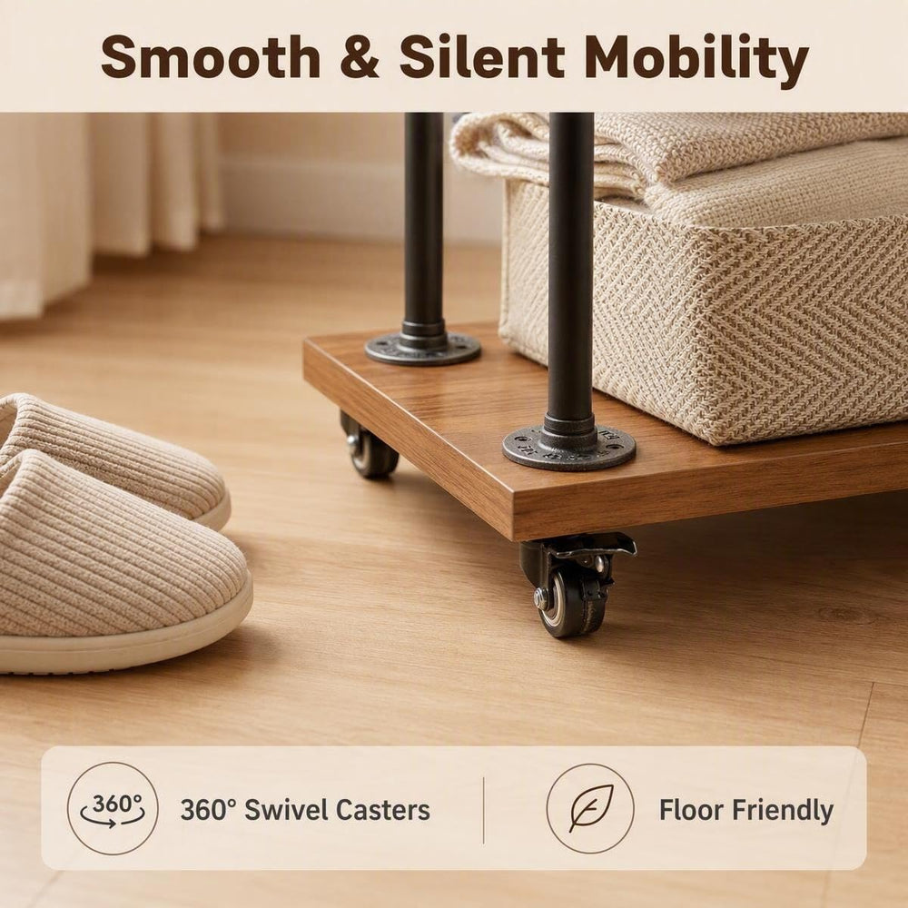 Industrial Pipe Clothing Rack, Rolling Clothes Rack, Wood Garment Rack