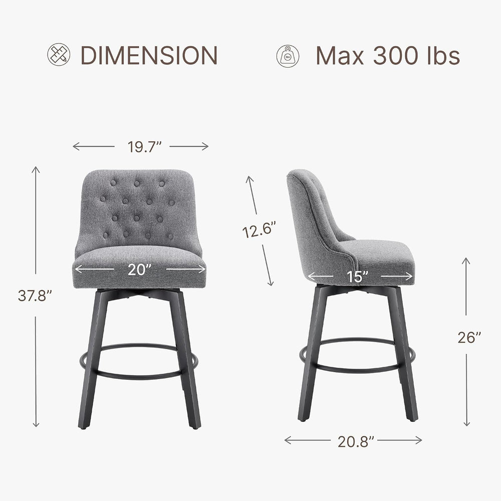 KISLOT Swivel Barstools, 26" Counter Height,2-Pack,Gray