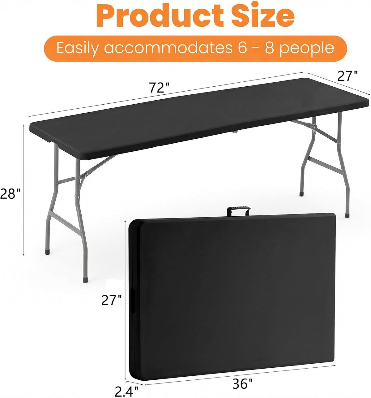 2 Pack Folding Tables 6FT Plastic Utility Foldable Tables, Black