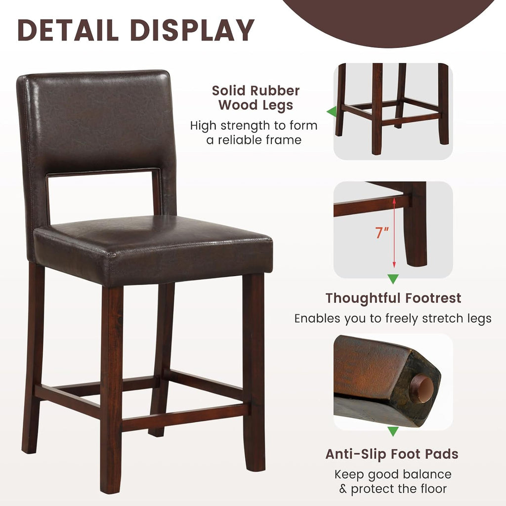 GIANTEX 24.5" Counter Height Bar Stools Set of 4, PVC Leather Barstools with Back, Rubber Wood Legs, Max Load 400 Lbs, Modern Upholstered Bar Dining Chairs for Kitchen Island Pub