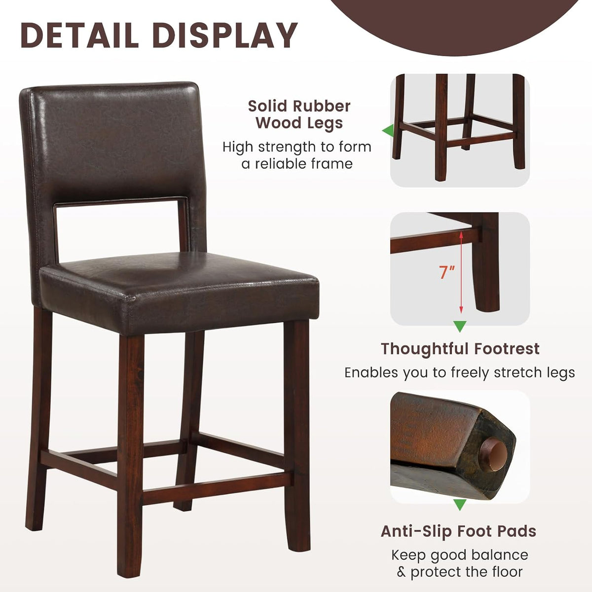 GIANTEX 24.5" Counter Height Bar Stools Set of 4, PVC Leather Barstools with Back, Rubber Wood Legs, Max Load 400 Lbs, Modern Upholstered Bar Dining Chairs for Kitchen Island Pub