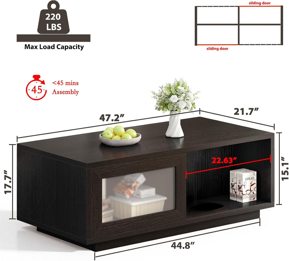 HSH 47 Inch Black Oak Coffee Table for Living Room with Storage