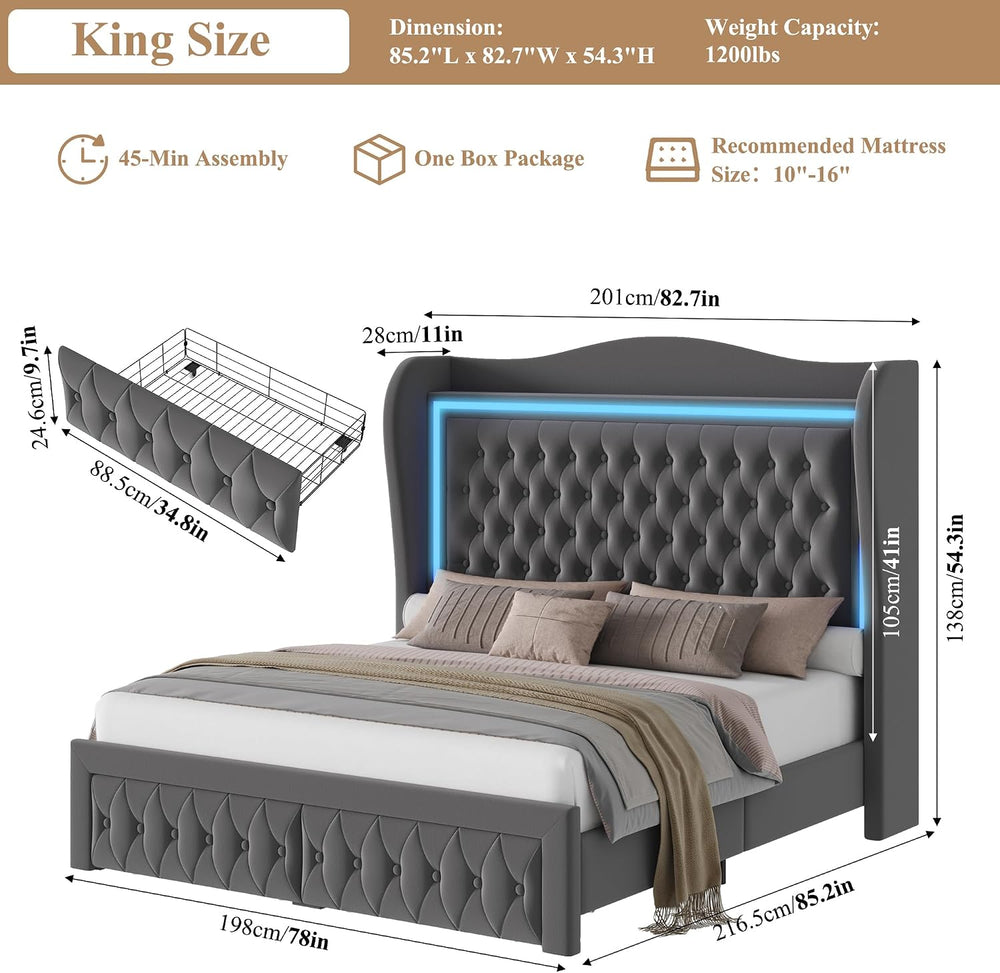 King Bed Frame 55" Tall Headboard with LED Lights, Buttons Tufted Velvet...