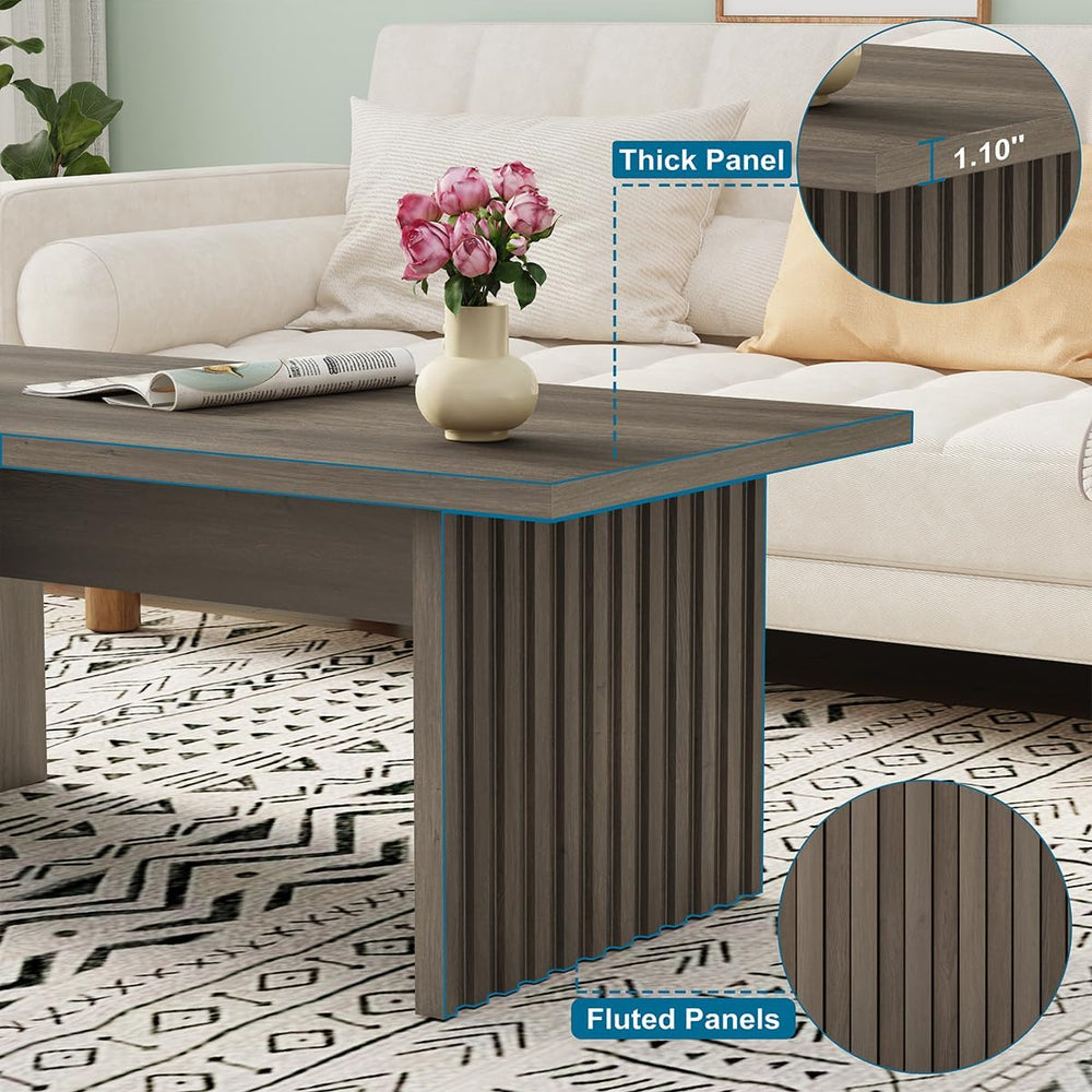 BON AUGURE 43 Inch Coffee Table, Fluted Wood Rectangle Living Room Tables
