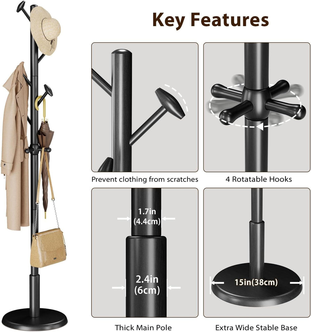 Taitiy Solid Wooden Coat Rack Stand Freestanding Hall Tree with 10 Hooks