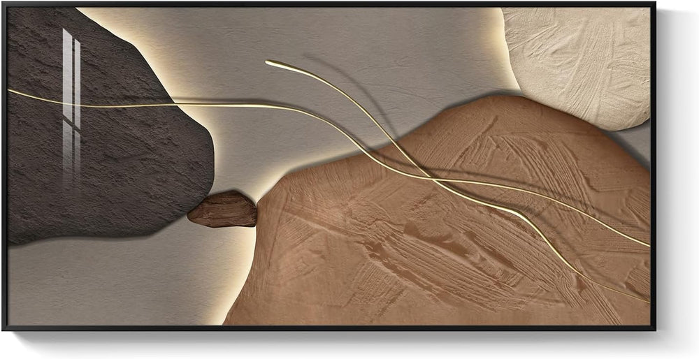 Horizontal Framed Abstract Brown Tan Wall Art for Living Room, 56x28 Inch