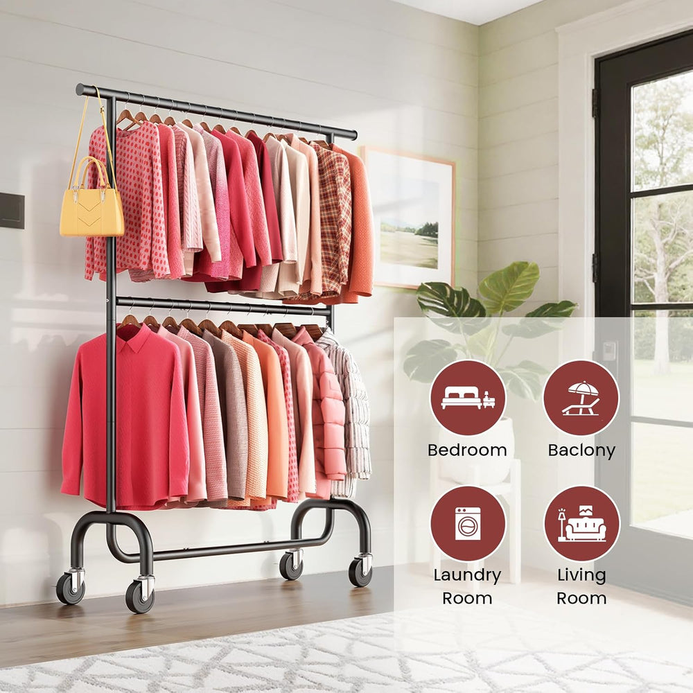 Heavy Duty Clothes Rack - Rolling Clothing Rack for Bedroom - Black