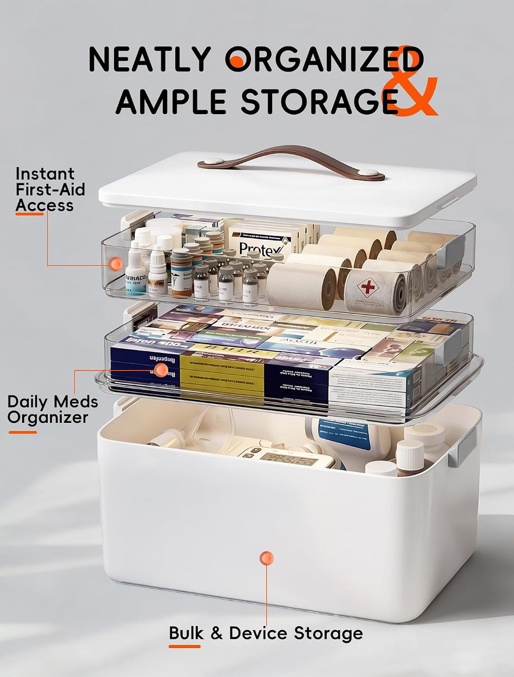 Medicine Organizer Box, 3-Tier Medicine Storage Box with Clear Trays and Carr...