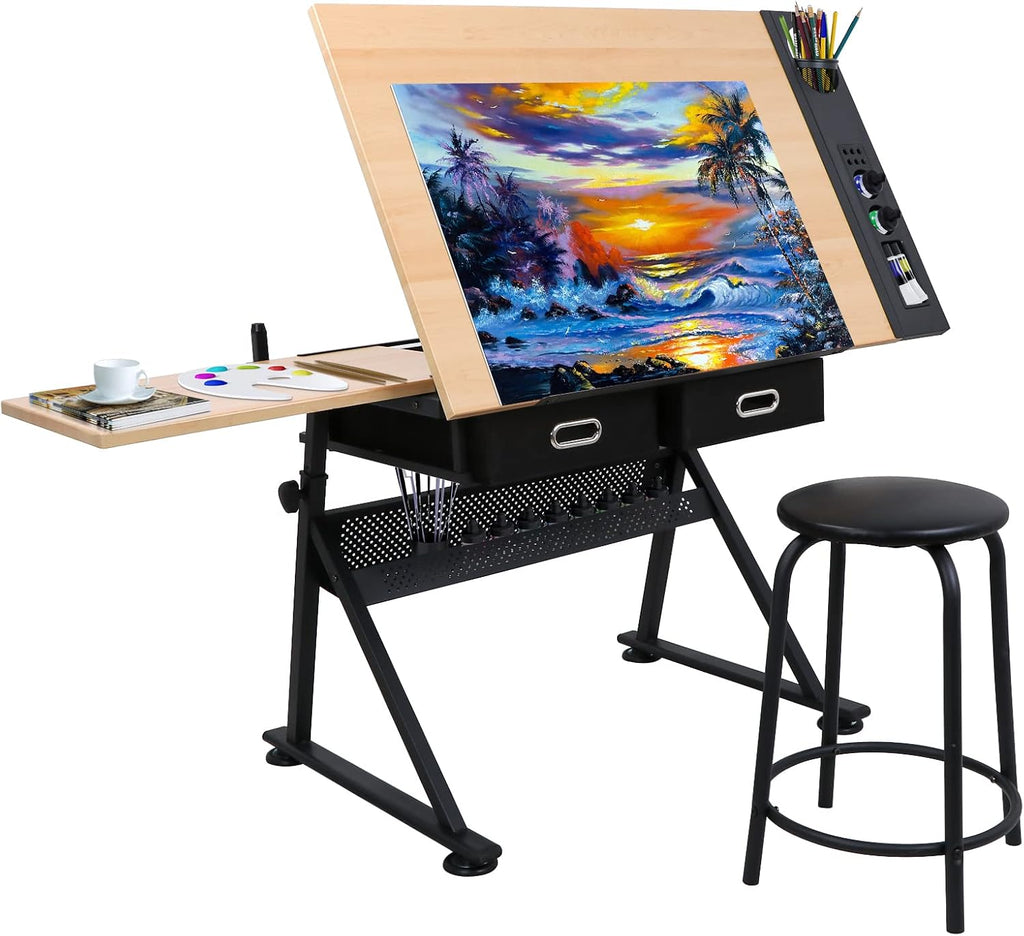 ZENY Drafting Table Art Desk Drawing Table Height Adjustable Artist Table with Tilted Tabletop, Drafting Stool and Storage Drawer for Reading, Writing, Crafting, Painting Art