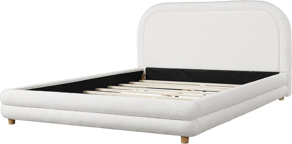 Virubi Queen Size Boucle Upholstered Bed Frame with Boucle Upholstered Thick Curved Headboard, Modern Half-Round Design Platform Bed with Solid Wood Legs, White (Queen)