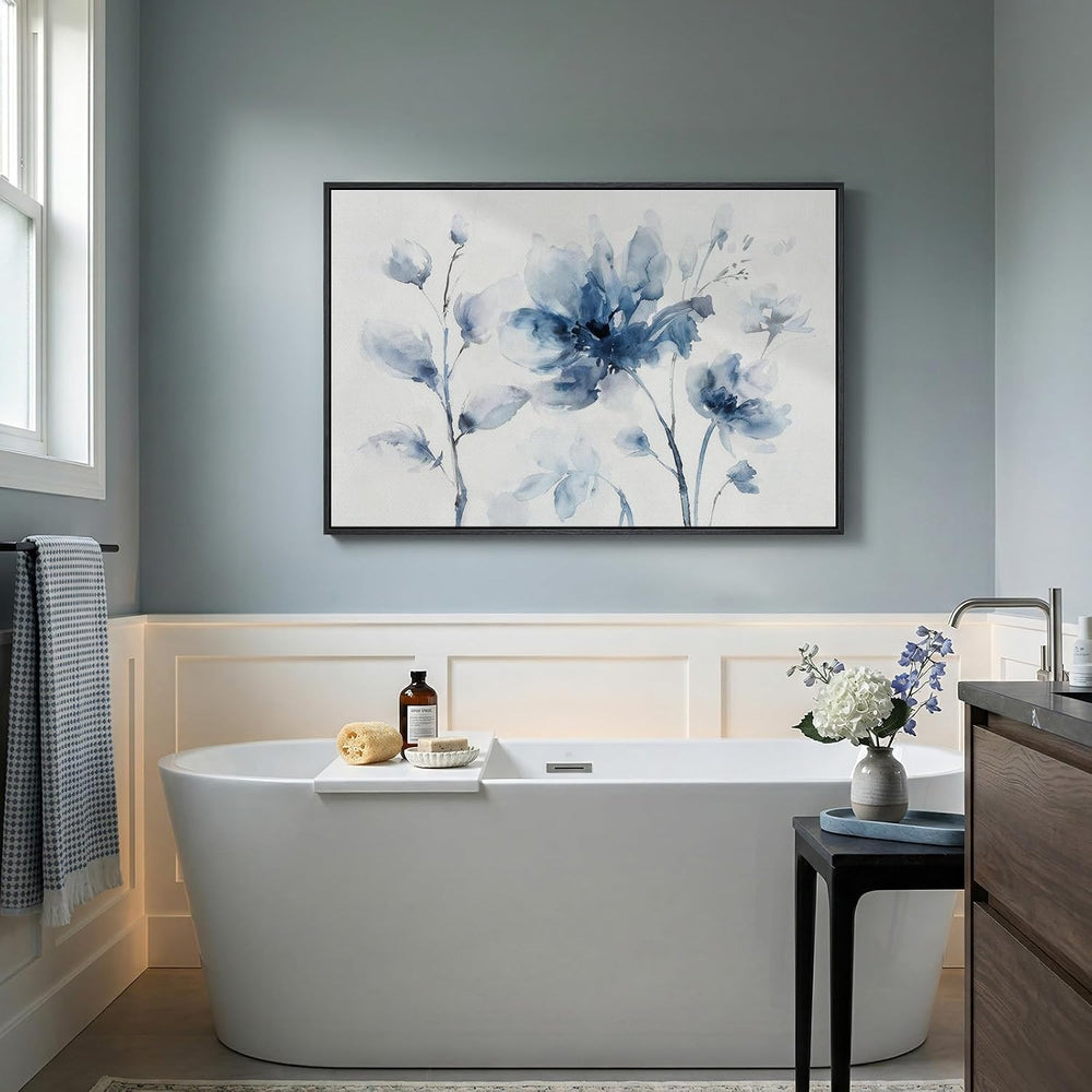 Framed Modern Minimalist Blue Pastel Floral Wall Art for Bedroom, 24x36 In