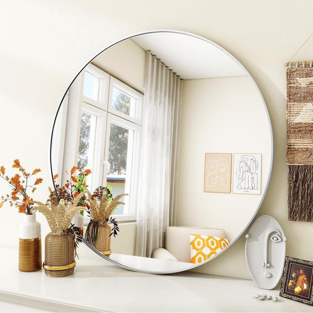 VooBang Silver Round Bathroom Mirror 24", Thin Metal Frame Wall Mirror