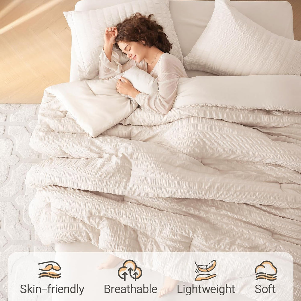 MUXHOMO King Comforter Set 7 Pieces, Seersucker Bed in a Bag, Beige