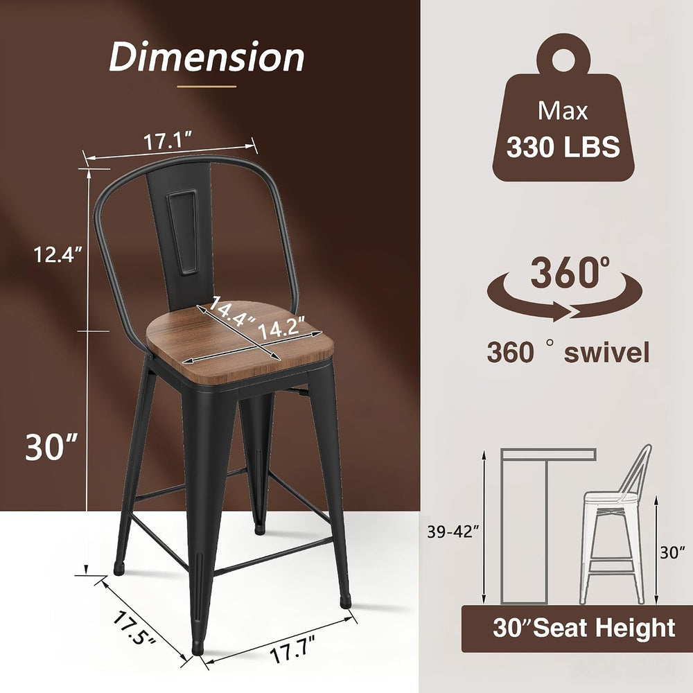 30" Swivel Bar Stools Set of 4 Metal Bar Height Stools with Back