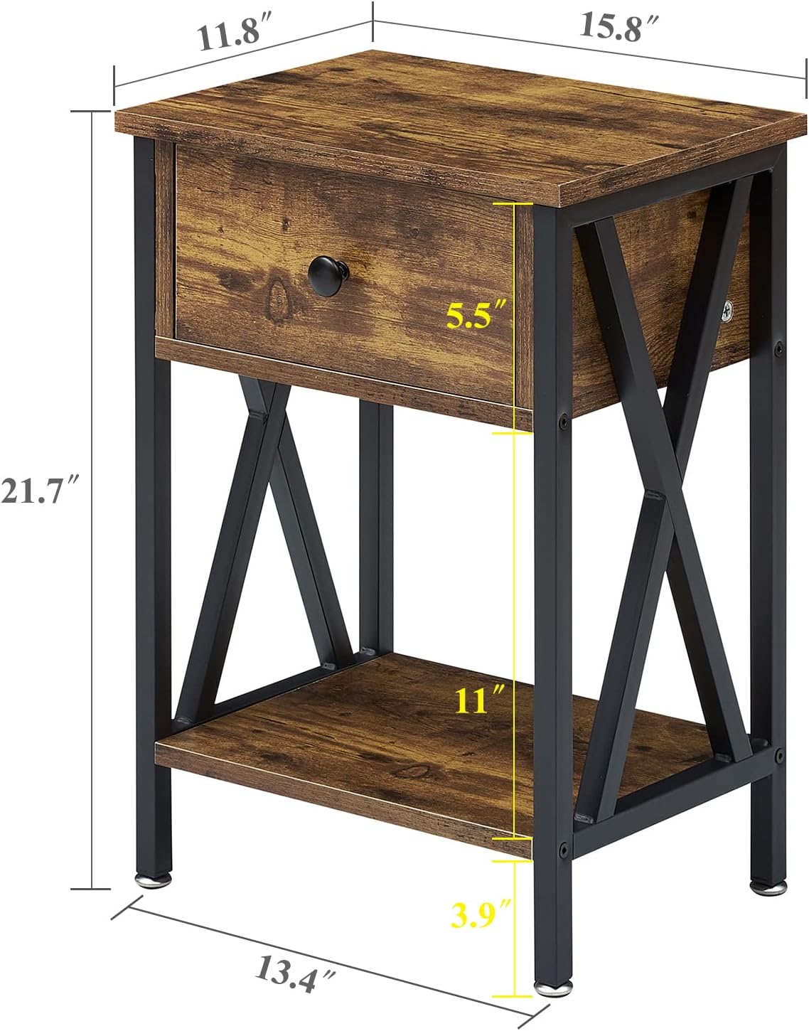 VECELO Nightstand,Modern Bedside End Table, Night Stand with Drawer and Storage Shelf for Living Room Bedroom, Industrial Metal Frame