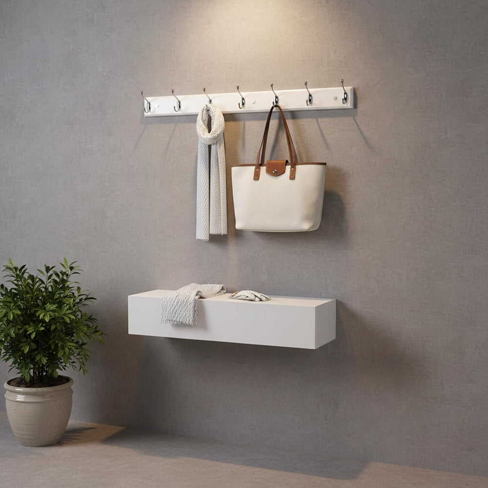 Wooden Wall Mounted Coat Rack – 35 Inch, White with 7 Silver Hooks for Entryw...