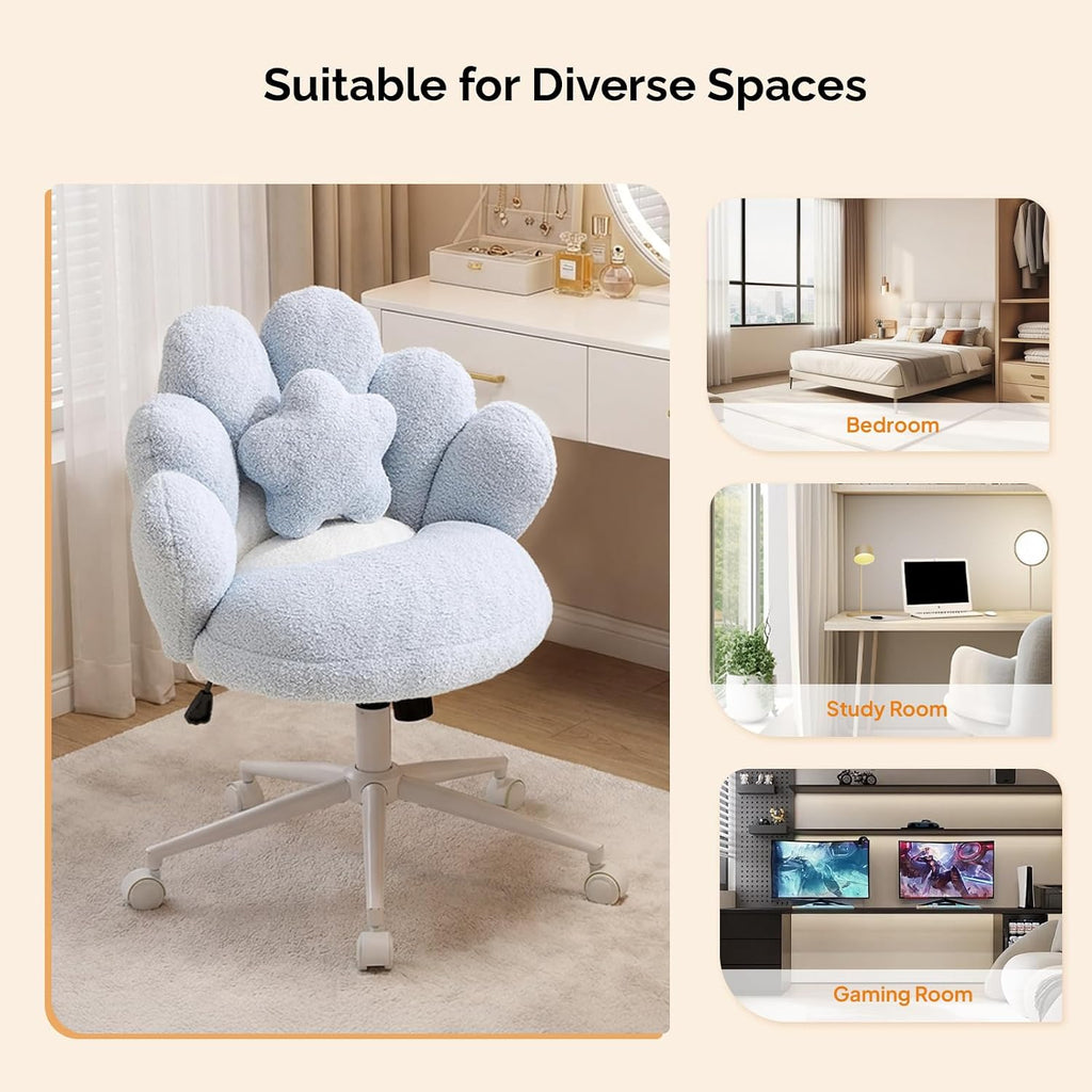 VINGLI Lovely Petal Vanity Desk Chair with Star Pillow, Height Adjustable Armless Swivel Chair in Vibrant Color-Blocking, Modern Computer Task Chair for Bedroom & Home Office, Teddy Fleece,Blue