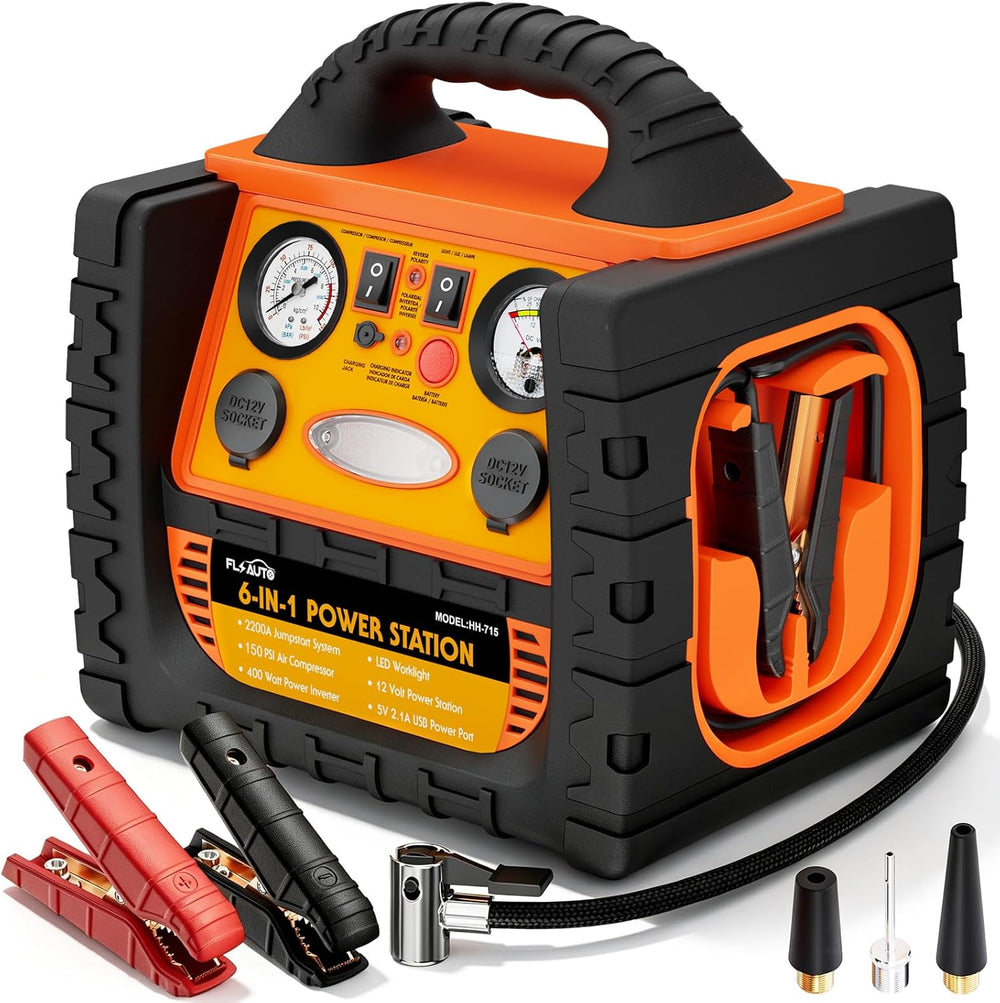 Portable Jump Starter with Air Compressor, FlyAuto 2200A Battery Booster for ...
