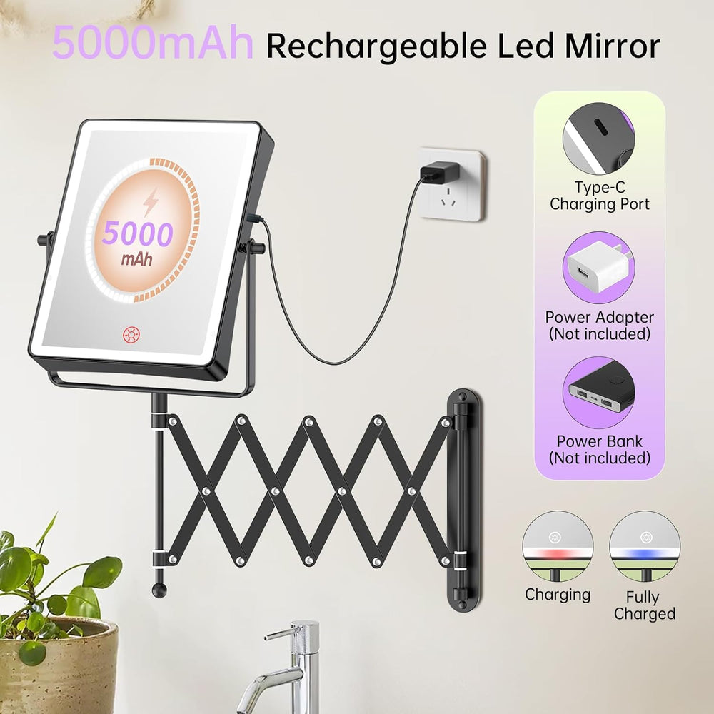 FASCINATE 8.7" 5000mAh Rechargeable Wall Mounted Makeup Mirror (Black)
