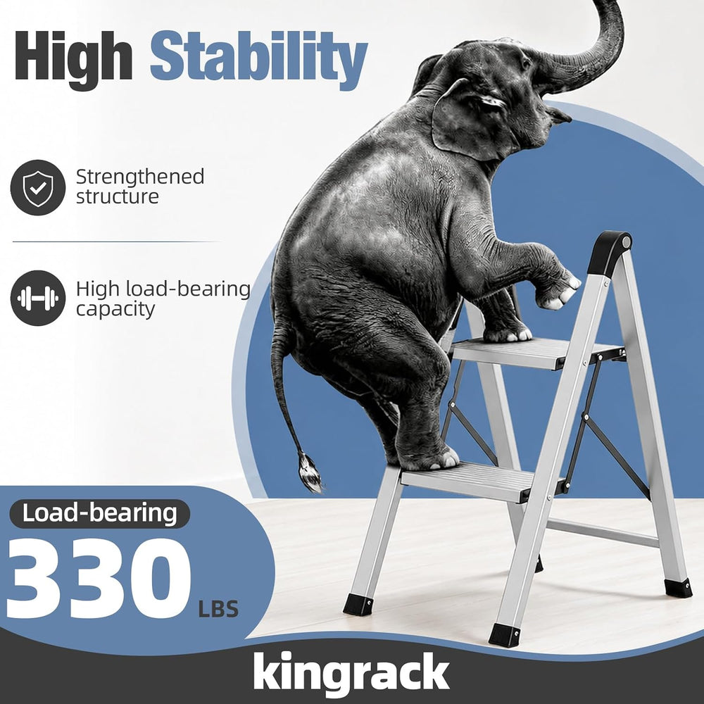 KINGRACK 2 Step Aluminum Step Ladders Foldable for Home, 330lb, Silver