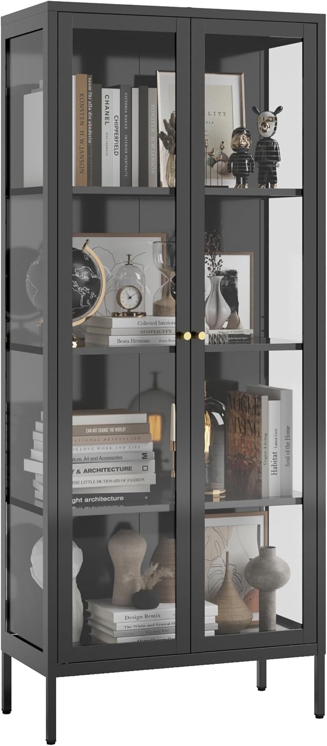 UNICOLY Glass Display Cabinet 4-Tier, Display Cabinet with Glass Doors