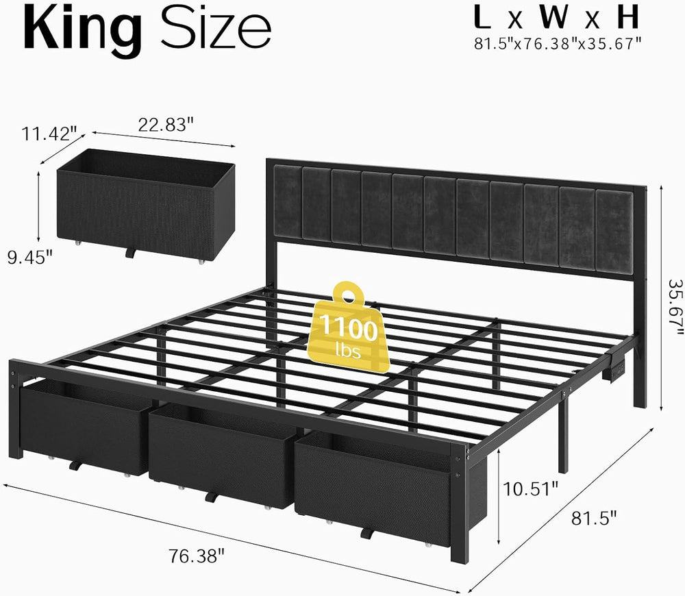 OLEVS King Bed Frame with 3 Drawers, Charging Station & RGB LED Lights