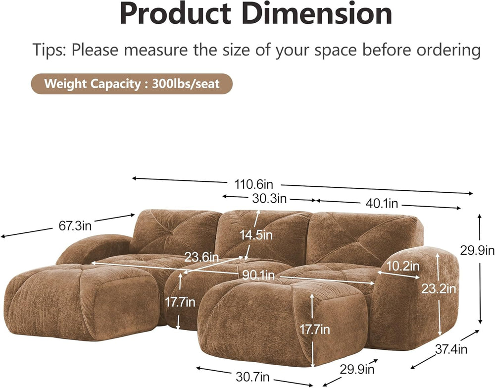 110" Sectional Modular Cloud Couch, Boneless Couch, U-Shape Camel