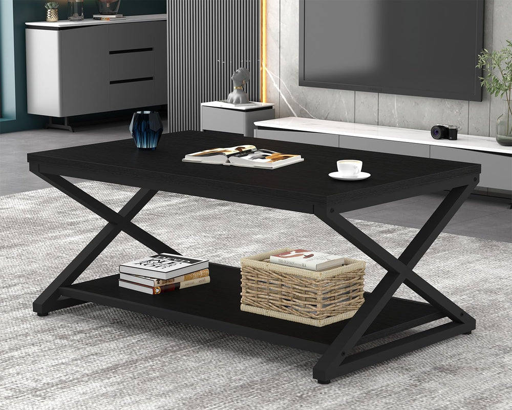 HSH 39" Rectangle Coffee Table with Storage for Living Room, Black Oak