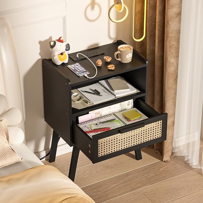 Lerliuo Rattan Nightstands Set of 2 with Charging Station, Black Bedside Table with Drawer Open Shelf, Cane Accent Side End Table with Solid Wood Legs, Night Stand for Bedroom, Dorm and Small Spaces