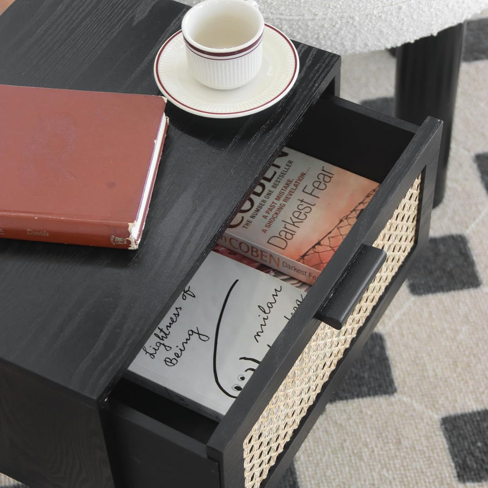 AWASEN Mid Century Modern Nightstand, Rattan Black Side Table with Drawer