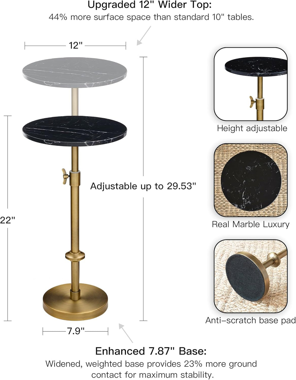 Adjustable 12" Black Marble Drink Table with 2 Coasters, Antique Brass⁠