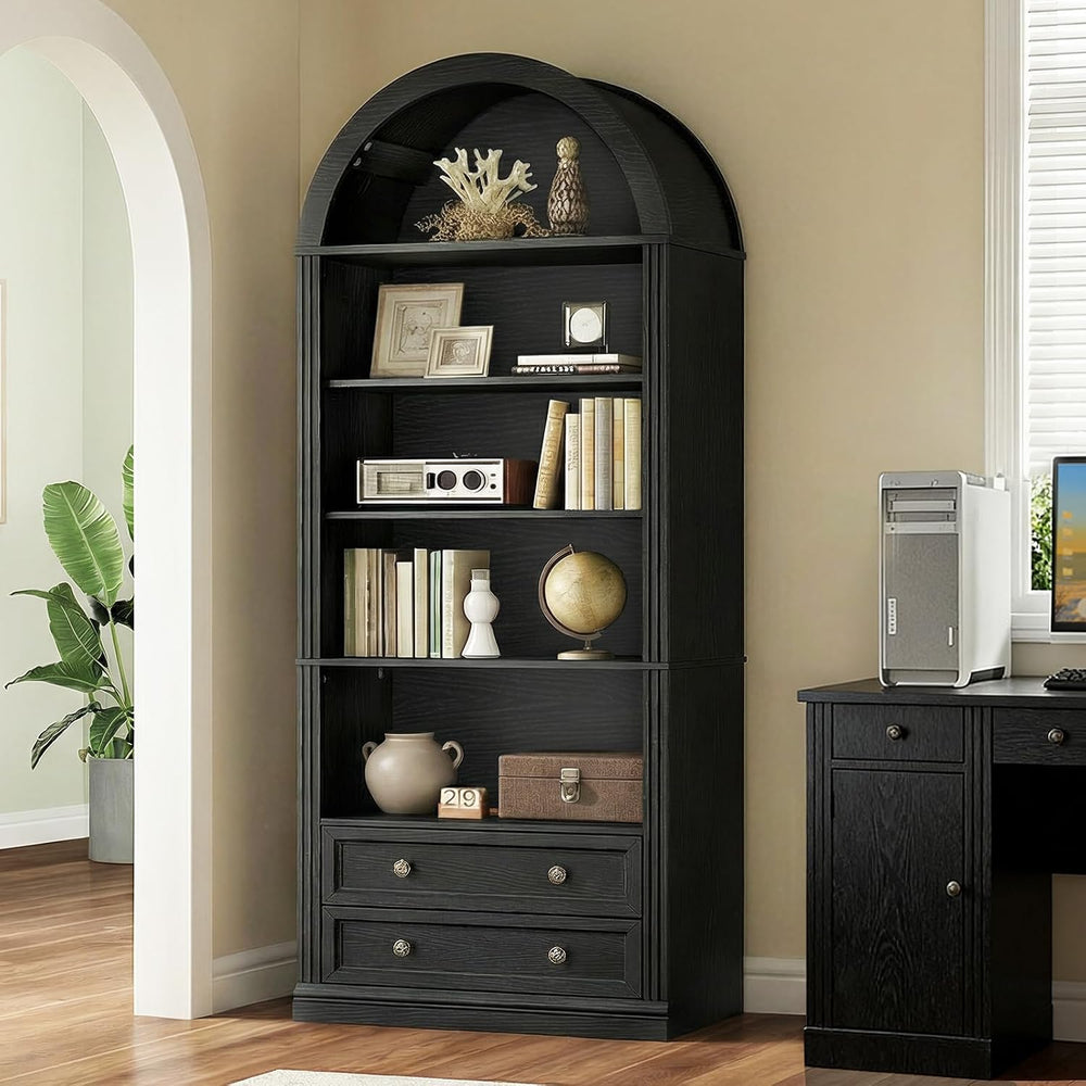 RALGEND Farmhouse Arched Bookshelf, 7 Tiers Arch Bookcase with 2 Drawers