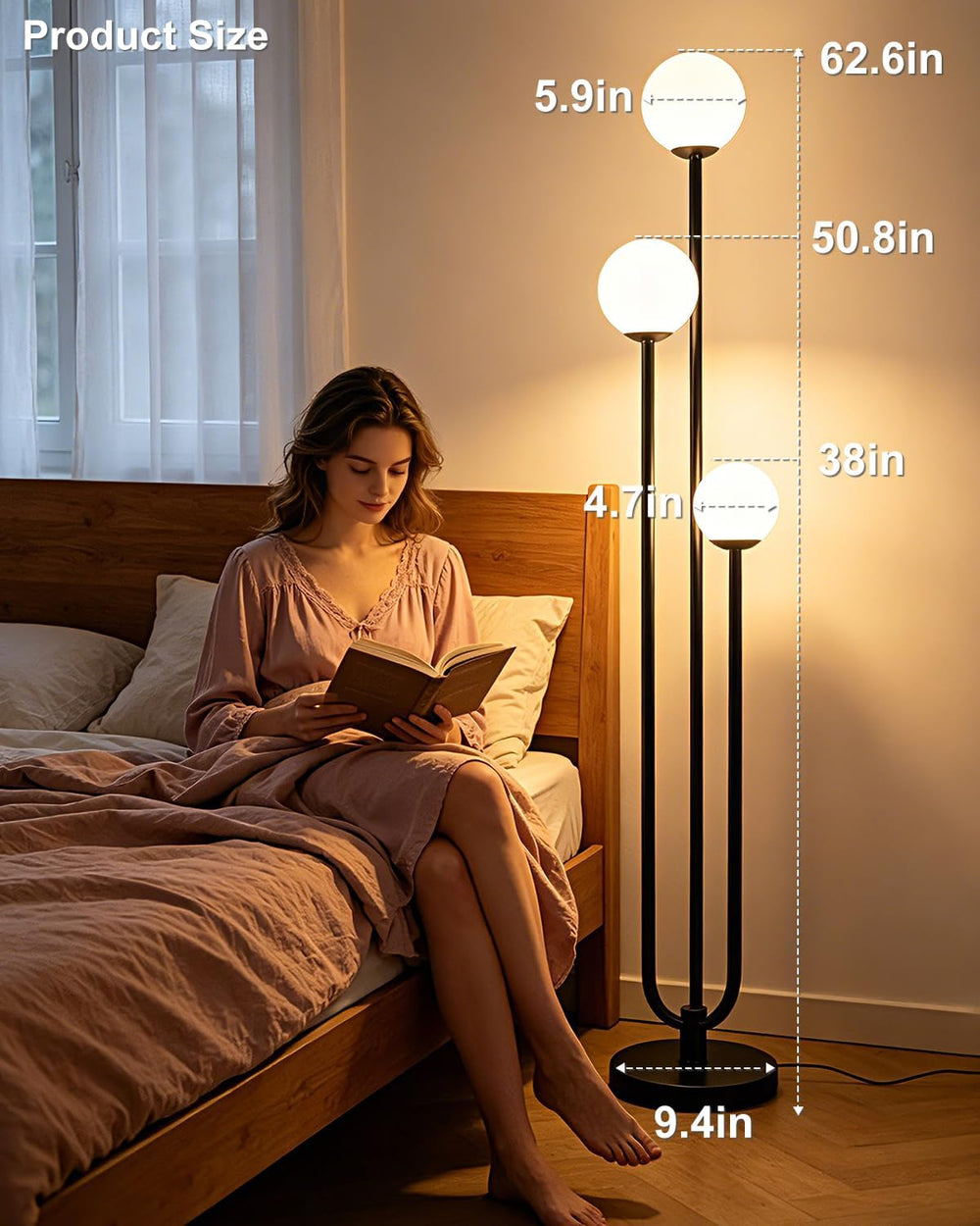 63IN 3-Light Dimmable Floor Lamp, Unique Black Tall Standing Lamps with 3000K...