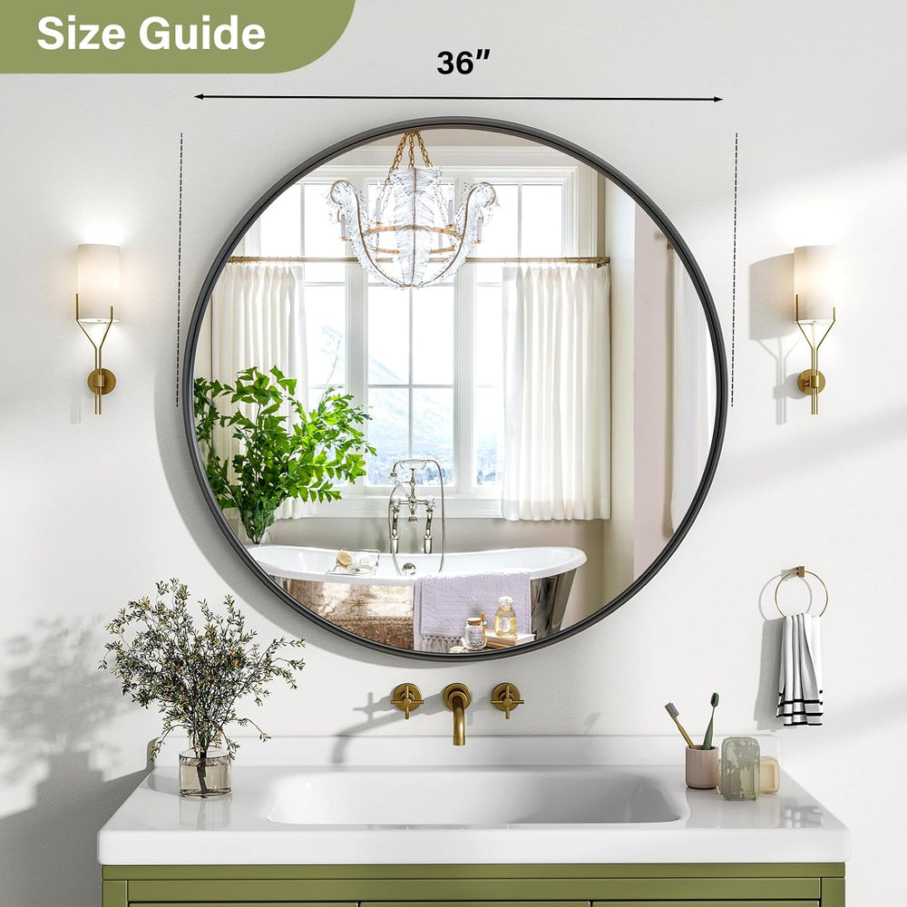 36 Inch Round Bathroom Mirror - Wall Mounted Circle Mirror with Metal Frame, ...